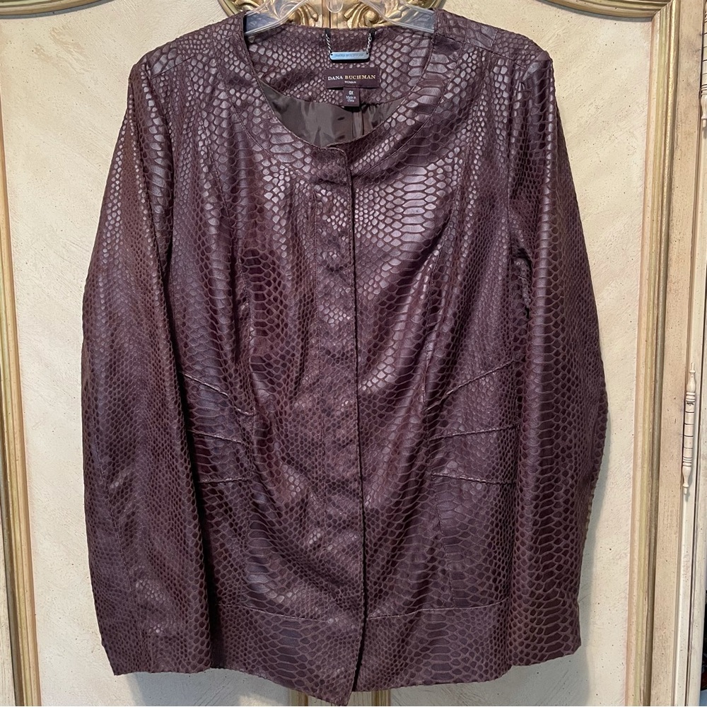 Dana Bachman Brown Snake Reptile Faux Leather Front Snap Jacket